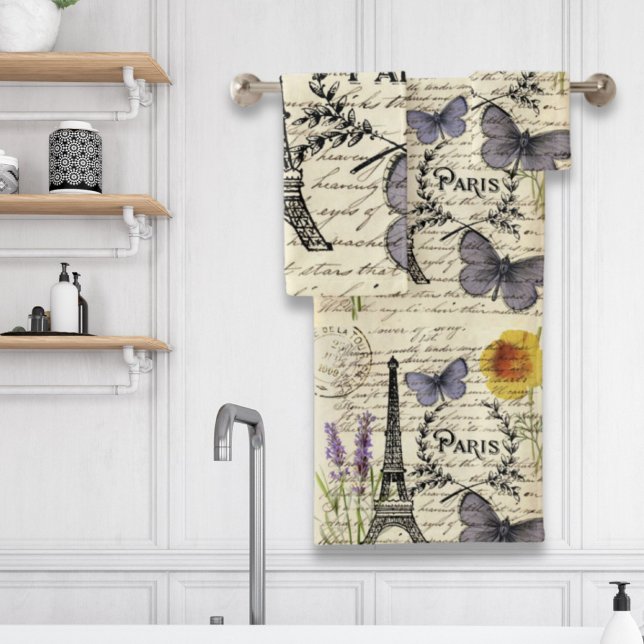 vintage rustic french butterfly paris eiffel tower bath towel set (Creator Uploaded)
