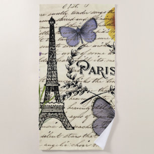 vintage rustic french butterfly paris eiffel tower beach towel