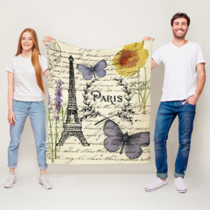 vintage rustic french butterfly paris eiffel tower fleece blanket