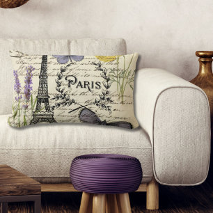 vintage rustic french butterfly paris eiffel tower lumbar pillow