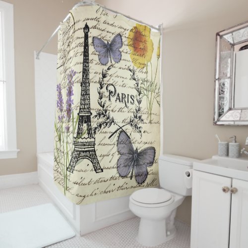 vintage rustic french butterfly paris eiffel tower shower curtain