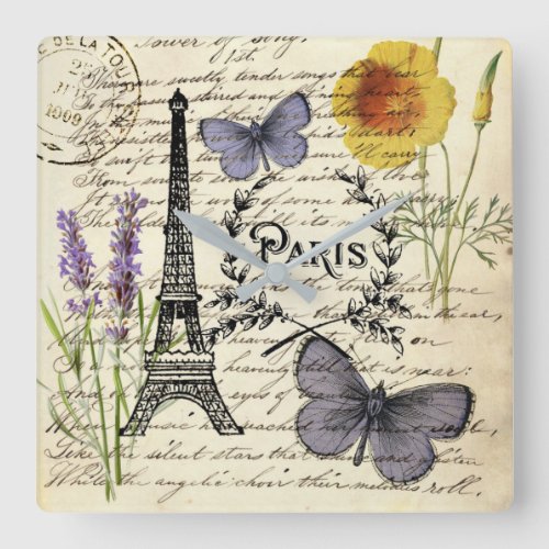 vintage rustic french butterfly paris eiffel tower square wall clock