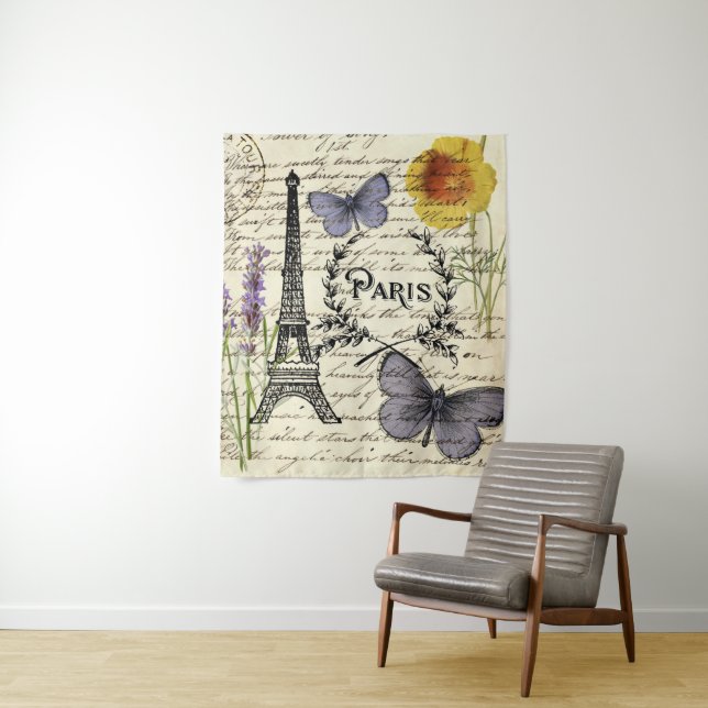 vintage rustic french butterfly paris eiffel tower tapestry (In Situ)