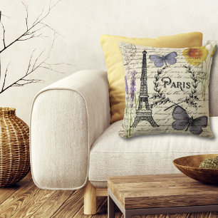 vintage rustic french butterfly paris eiffel tower throw pillow
