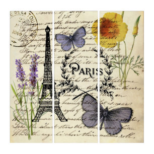 vintage rustic french butterfly paris eiffel tower triptych