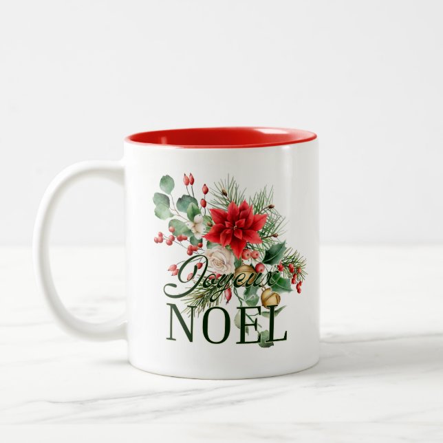 Vintage Rustic French Joyeux Noel  Two-Tone Coffee Mug (Left)