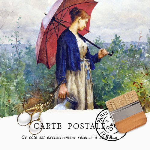 Vintage Rustic French Woman Red Umbrella Decoupage Tissue Paper