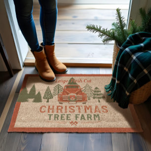 Vintage Rustic Fresh Cut Christmas Trees Red Truck Fiber Doormat