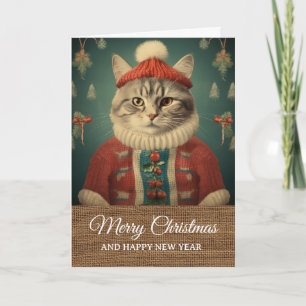 Vintage Rustic Funny Cat in Costume Christmas Card