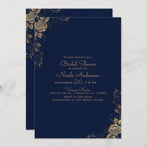 Vintage Rustic Glam Rose Blue  Gold Bridal Shower Invitation