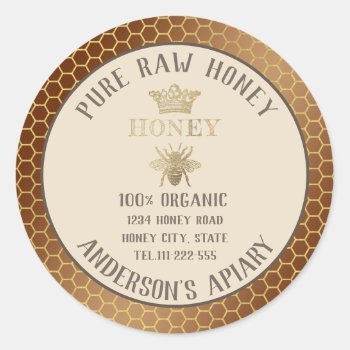 Vintage Rustic Gold Bee Crown Honey Comb Honey Jar Classic Round Sticker by Makidzona at Zazzle
