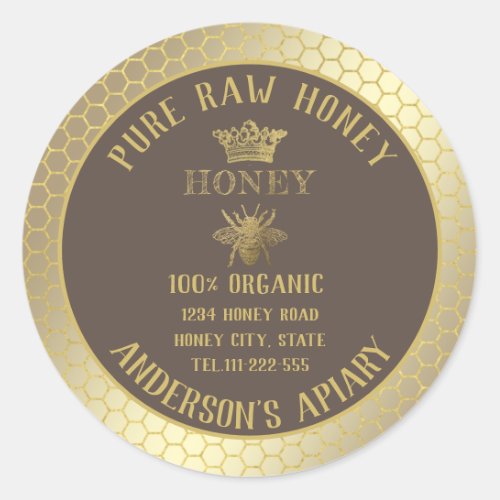 Vintage rustic gold bee crown honey comb honey jar classic round sticker