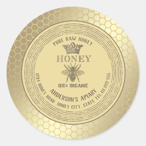 Vintage rustic gold bee crown honey comb honey jar classic round sticker