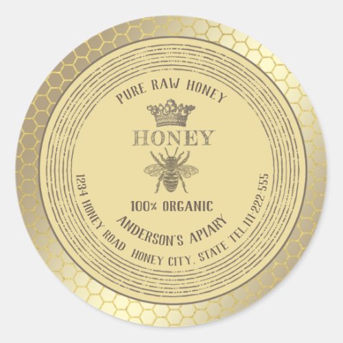 Vintage rustic gold bee crown honey comb honey jar classic round sticker