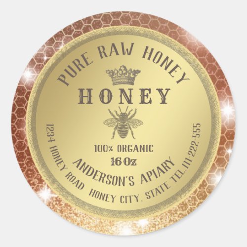 Vintage rustic gold bee crown honey comb honey jar classic round sticker