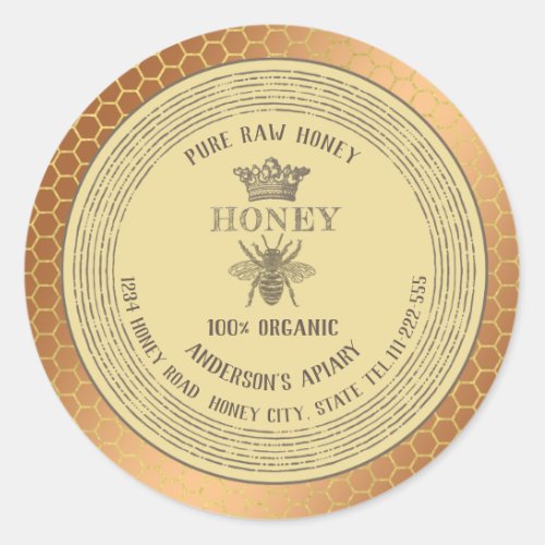 Vintage rustic gold bee crown honey comb honey jar classic round sticker