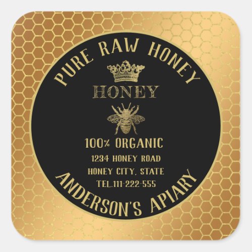 Vintage rustic gold bee crown honey comb honey jar square sticker