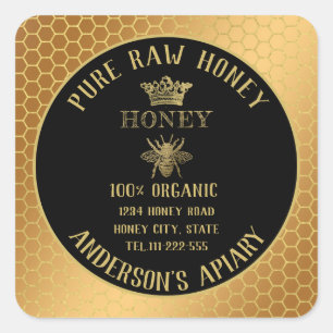 Vintage rustic gold bee crown honey comb honey jar square sticker