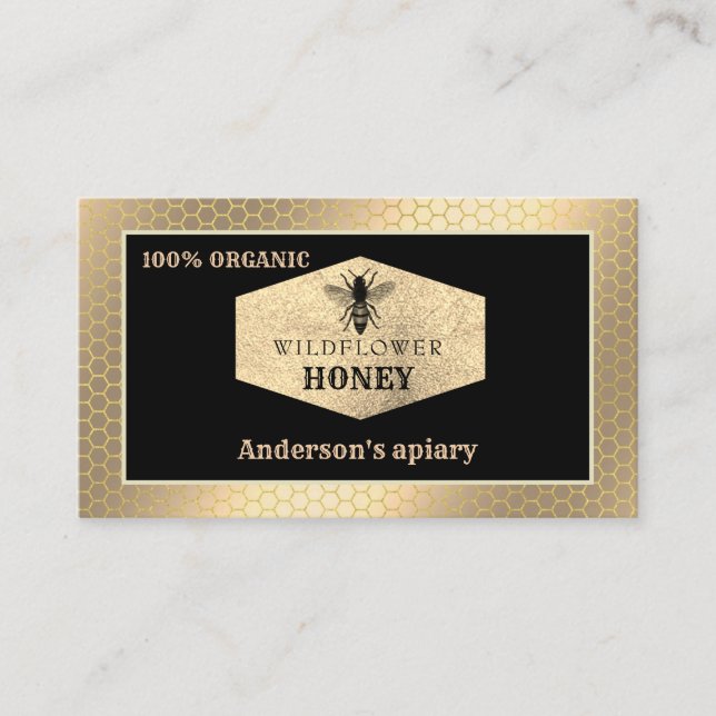 Vintage rustic gold bee logo business card (Front)