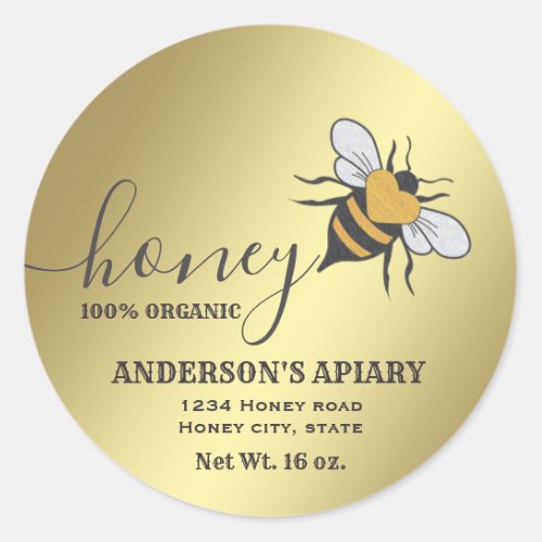 Vintage rustic gold bee logo script honey jar classic round sticker