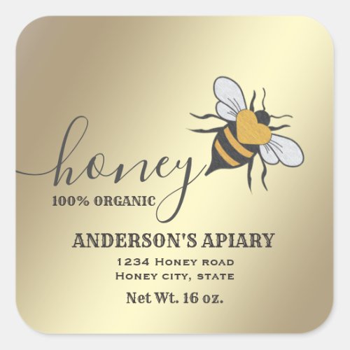 Vintage rustic gold bee logo script honey jar square sticker