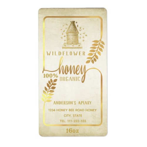 Vintage rustic gold beehive honey branch jar label