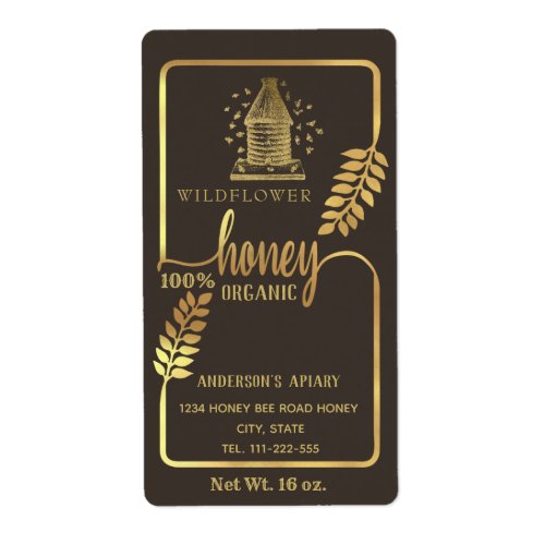 Vintage rustic gold beehive honey branch jar label