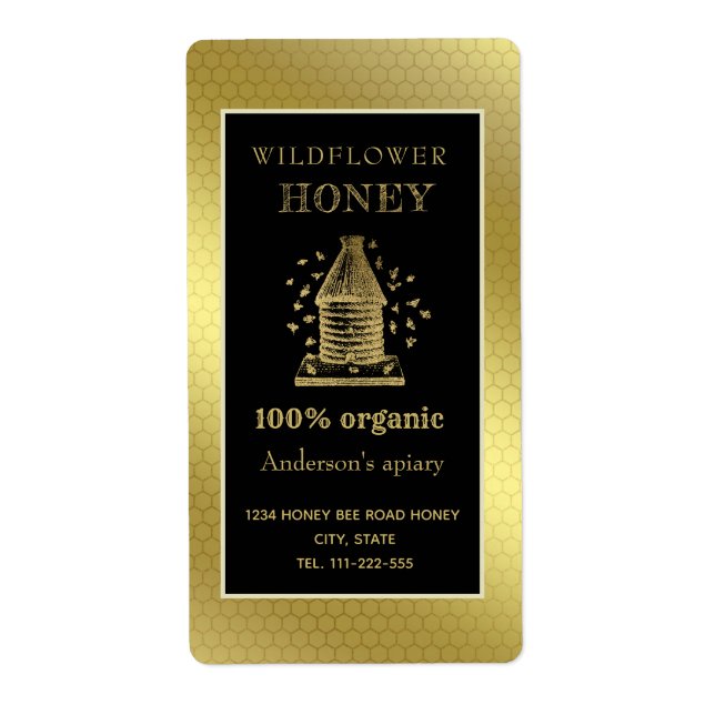 Vintage rustic gold beehive honey jar label (Front)