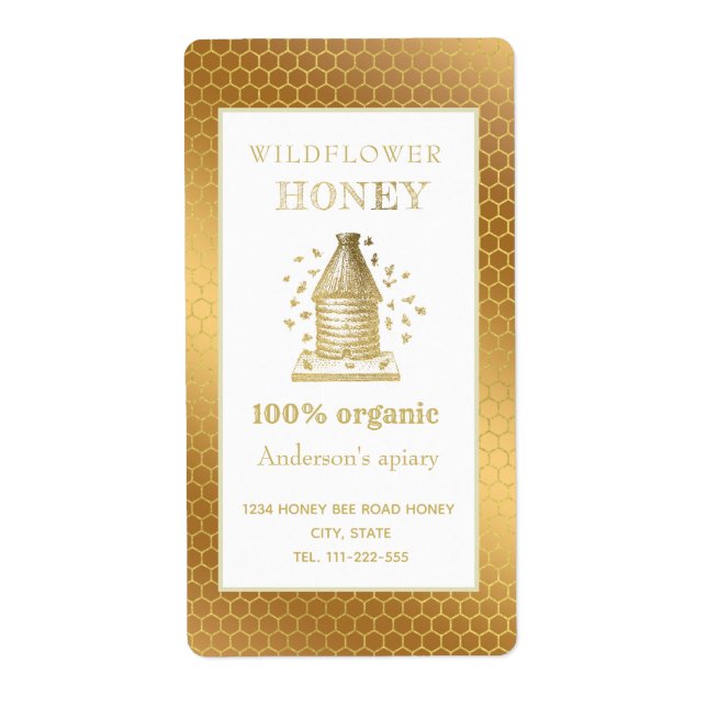Vintage rustic gold beehive honey jar label (Front)