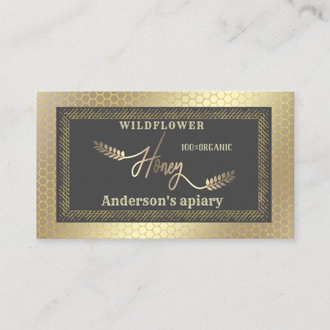 Vintage rustic gold calligraphy honey branch business card (Front)