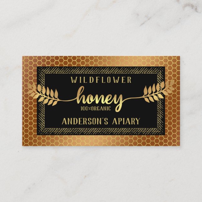 Vintage rustic gold calligraphy honey branch business card (Front)