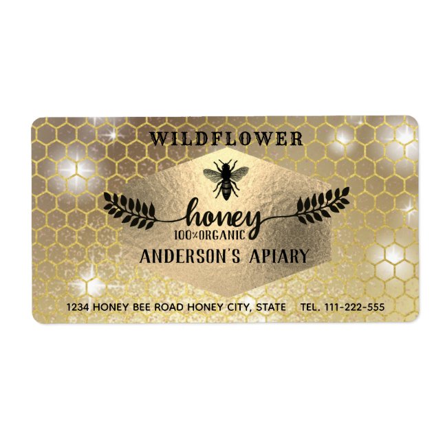 Vintage rustic gold calligraphy honey branch  jar label (Front)