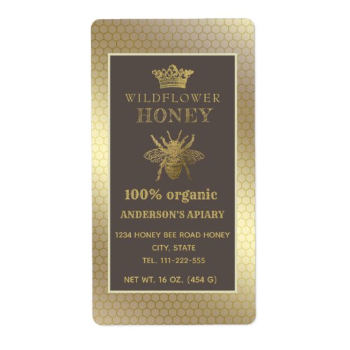 Vintage rustic gold crown queen bee honey jar label