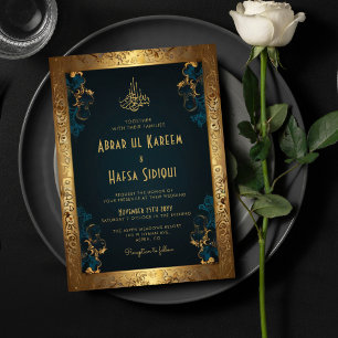 Vintage Rustic Gold Frame Islamic Wedding Monogram Invitation