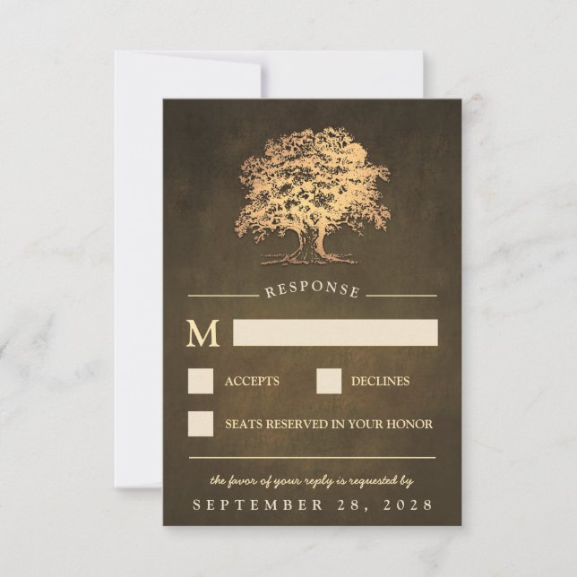 Vintage Rustic Gold Oak Tree Wedding RSVP Cards (Front)