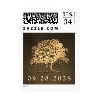 Vintage Rustic Gold Oak Tree Wedding Postage Stamps at UniqueRusticWeddingInvitations.com