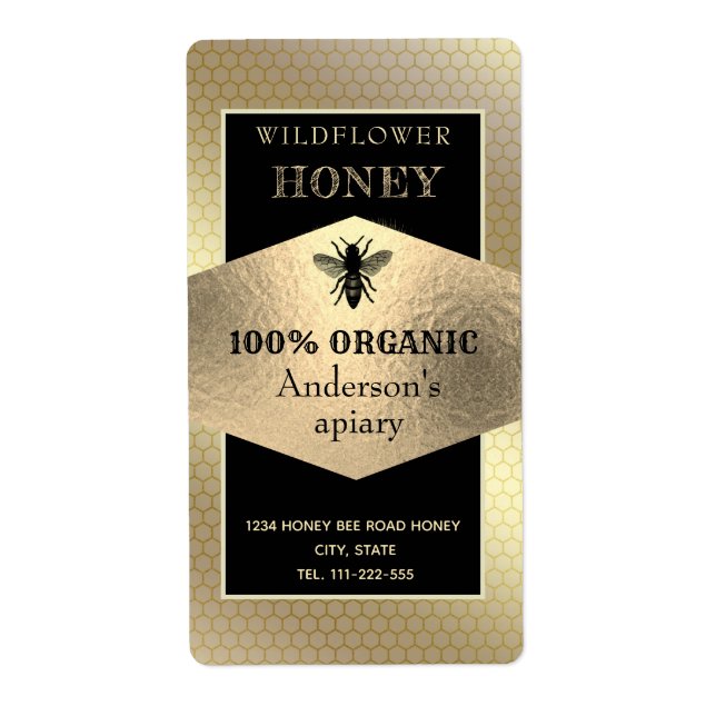 Vintage rustic gold  queen bee honey jar label (Front)