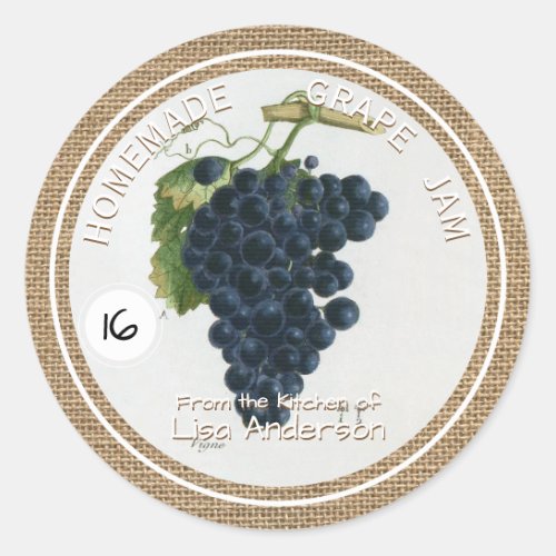 Vintage Rustic Grape Jam Round Sticker Label
