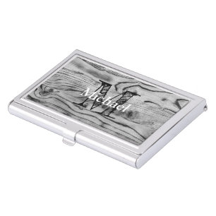 Vintage rustic gray black burnt wood Monogram Business Card Case