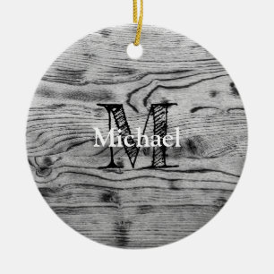 Vintage rustic gray black burnt wood Monogram Ceramic Ornament