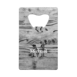Vintage rustic gray black burnt wood Monogram Credit Card Bottle Opener