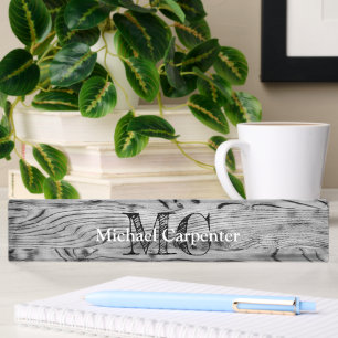 Vintage rustic gray black burnt wood Monogram Desk Name Plate