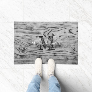 Vintage rustic gray black burnt wood Monogram Doormat