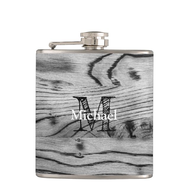 Vintage rustic gray black burnt wood Monogram Flask (Front)