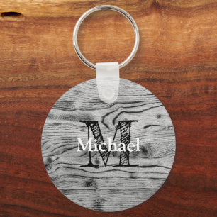 Vintage rustic gray black burnt wood Monogram Keychain
