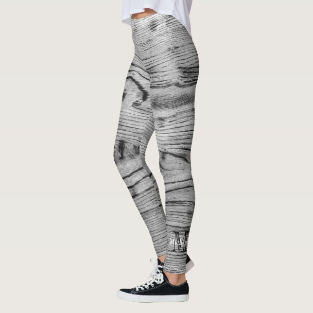 Vintage rustic gray black burnt wood Monogram Leggings (Left)