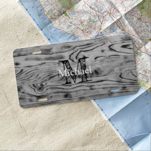 Vintage rustic gray black burnt wood Monogram License Plate