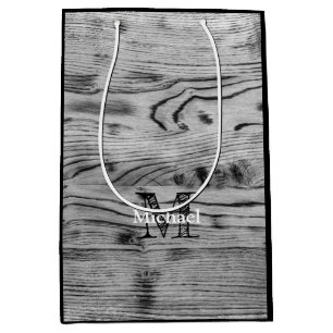 Vintage rustic gray black burnt wood Monogram Medium Gift Bag