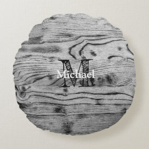 Vintage rustic gray black burnt wood Monogram Round Pillow
