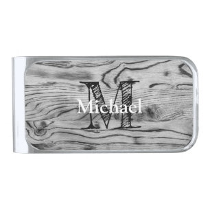 Vintage rustic gray black burnt wood Monogram Silver Finish Money Clip
